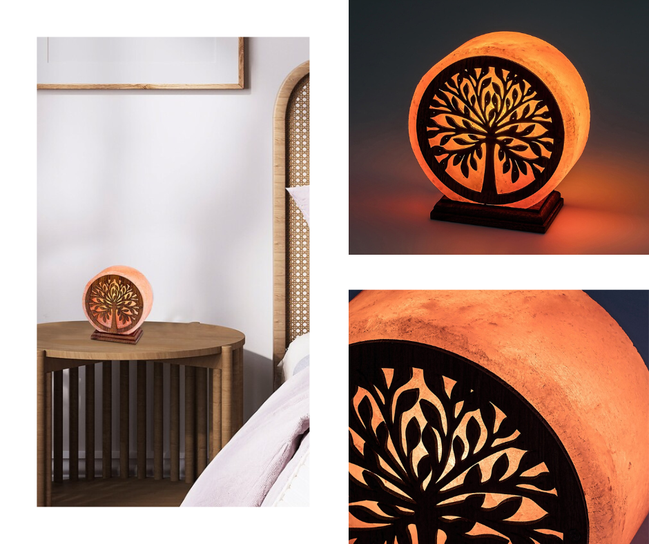 Posebne karakteristike Rabalux slanih lampi uključuju oblik koji podseća na drvo, dizajn inspirisan istočnim motivima, napravljen od drveta tamne boje, i prirodne rezbarije kamene soli između.