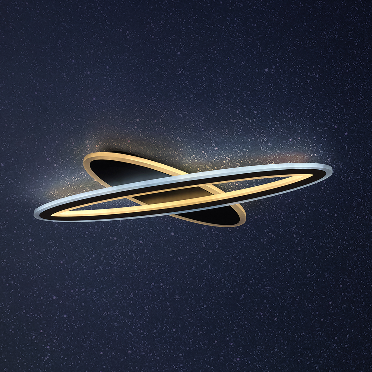 Moderna LED plafonjera sa inspiracijom za dizajn od planete Saturn, sastoji se od duplog prsten i kombinacije toplo belog i dnevnog svetla, koje oslikava zvezdani efekat na plafonu. 